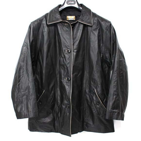 Pierre BALMAIN Golden Line Black Leather Button-Up Jacket L Vintage Paris Coat
